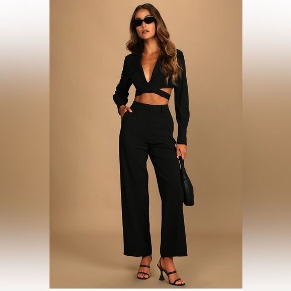 NWT Lulus So Get This Black High-Waisted Wide-Leg Trouser Pants size L - Picture 2 of 14
